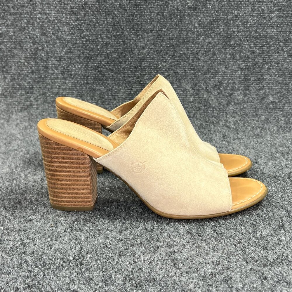 Born Heels Women's Size 8 Cream Suede Leather Slip On Heeled Mules Sandals
